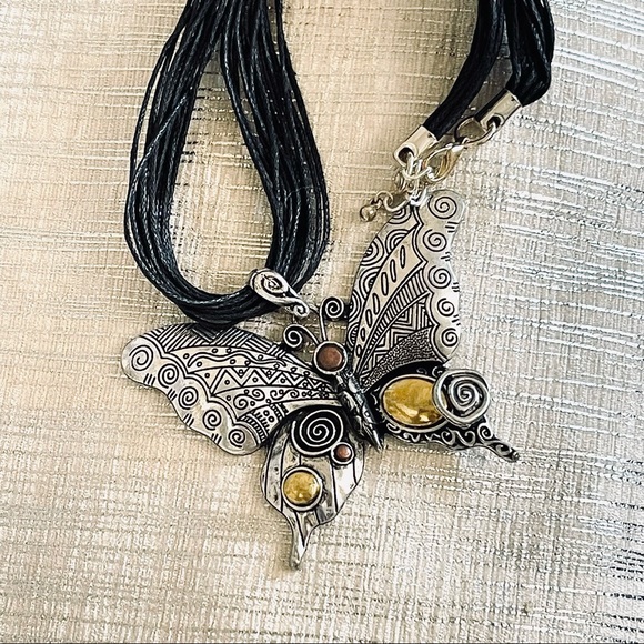 TRIBAL BUTTERFLY NECKLACE multi textured multi metal layered cord chain ARTISAN - Picture 2 of 12